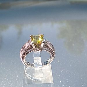 Citrine and rhinestones silver plated fashion ring